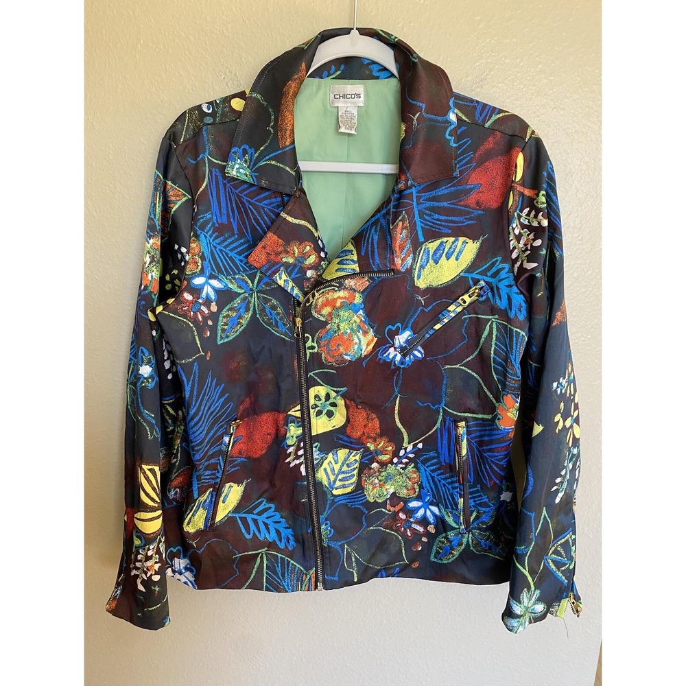 Chicos Jacket Colorful Artsy Floral Art To Wear VTG Zip Up Pockets Sz 2 Medium